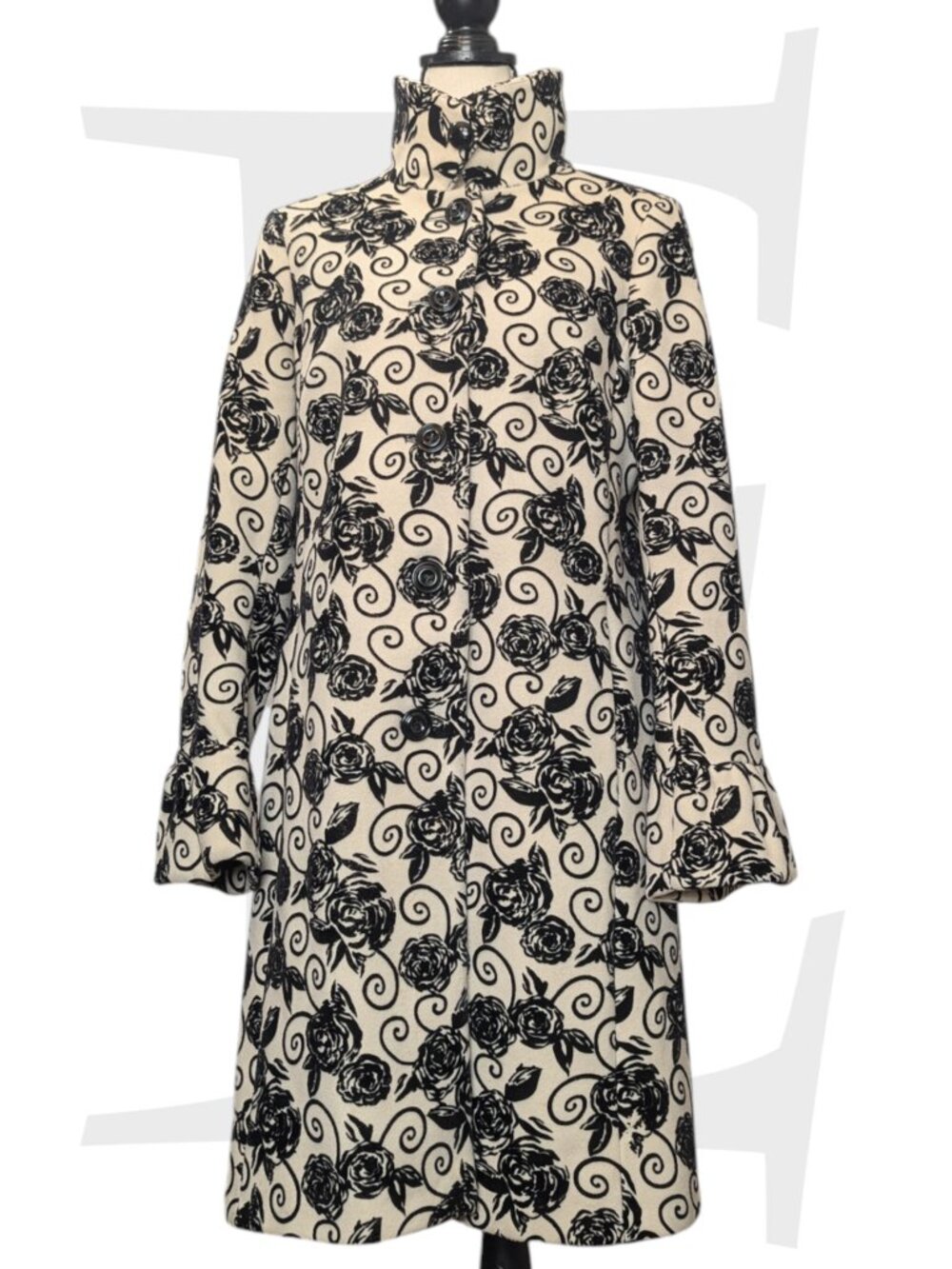 Vintage Charles London Cream and Black Flocked Rose Coat